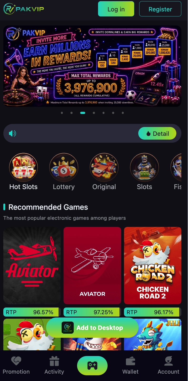 Pakvip main game interface with Aviator and Chicken Road
